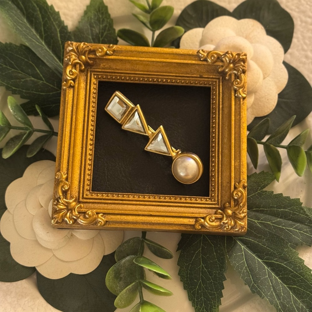 VTG Gold Pearl Crystal Geometric Brooch - Picture 7 of 11
